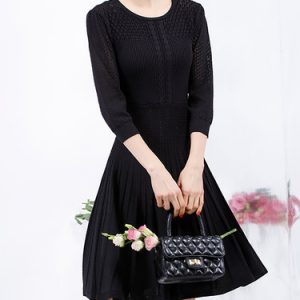 Black Plain Pleated Casual Midi Dress