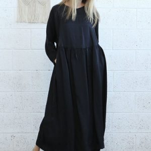 Black Plain Pockets Simple Cotton Maxi Dress