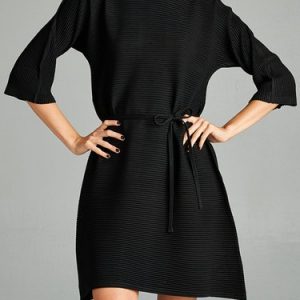 Black Plain Ribbed 3/4 Sleeve Mini Dress with Belt