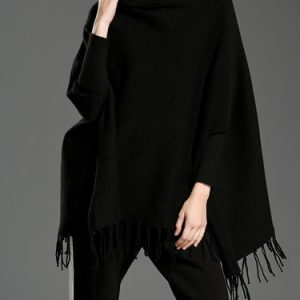 Black Plain Turtleneck Fringed Casual Tunic