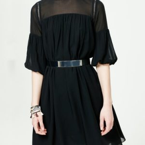 Black Pleated Half Sleeve Plain Midi Dress