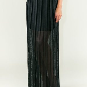 Black Pleated Plain Simple Maxi Skirt