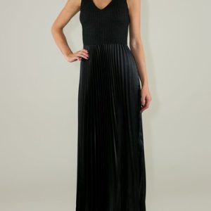 Black Pleated Sleeveless Swing Solid Maxi Dress