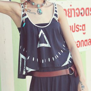 Black Plunging Neck Sleeveless Cotton-blend Tribal Tank