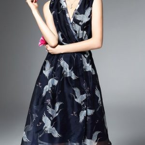 Black Plunging Neck Vintage Silk Midi Dress