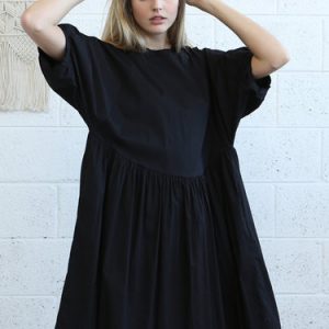 Black Pockets Raglan Sleeve Crew Neck Plain Mini Dress