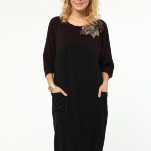 Black Pockets Wool Blend H-line 3/4 Sleeve Midi Dress