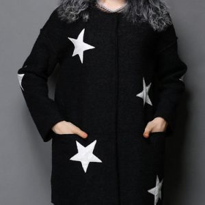 Black Pockets Wool Blend Long Sleeve Shift Fur And Shearling Coat