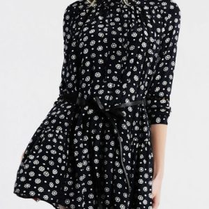 Black Polka Dots Printed Stand Collar Silk Mini Dress with Belt