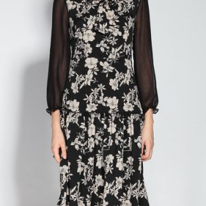 Black Polyester A-line 3/4 Sleeve Floral Printed Midi Dress