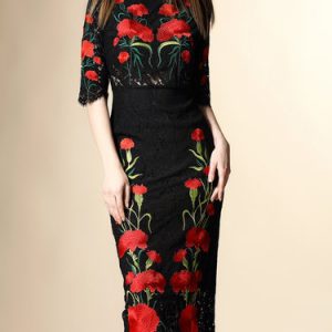 Black Polyester Sheath Half Sleeve Midi Dress