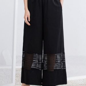 Black Polyester Simple Plain Wide Leg Pants