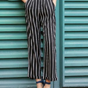 Black Polyester Stripes Casual Wide Leg Pants