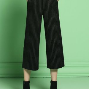 Black Polyester Work Stripes Pockets Wide Leg Pant