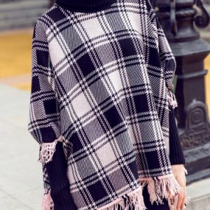 Black Printed Casual Checkered/Plaid Poncho