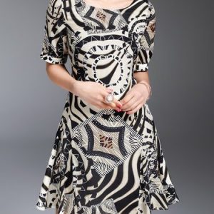 Black Printed Crew Neck Elegant Silk A-line Mini Dress