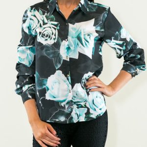 Black Printed Floral Casual Shirt Collar Blouse