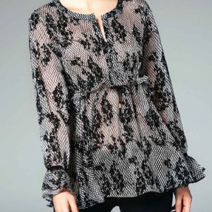 Black Printed Frill Sleeve Cotton-blend Blouse