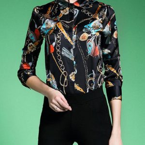 Black Printed H-line Shirt Collar Long Sleeve Blouse