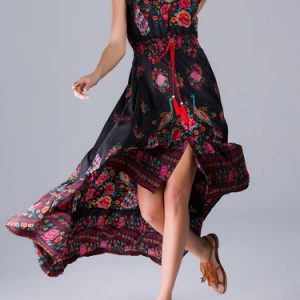 Black Printed High Low Short Sleeve Vintage Maxi Dress