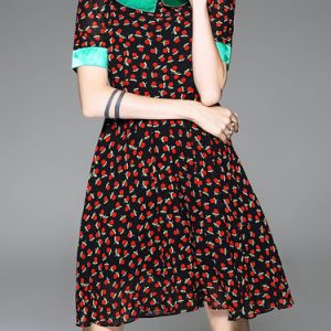 Black Printed Short Sleeve A-line Peter Pan Collar Midi Dress