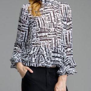 Black Printed Stand Collar Simple Blouse