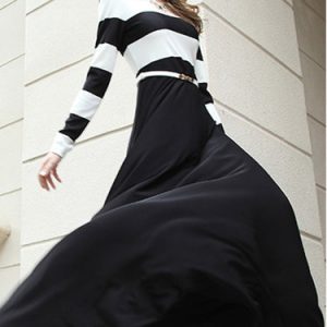 Black Printed Stripes Long Sleeve Maxi Dress