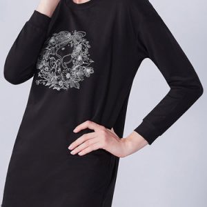 Black Printed Zipper Simple H-line Long Sleeved Top