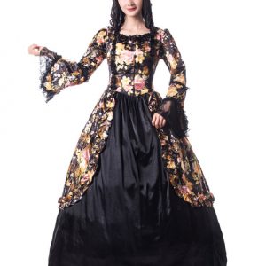 Black Retro Costumes Women Floral Print Bow Lace Ruffle Matte Satin Dress Victorian Era Style Vintage Clothing Halloween