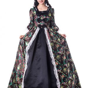 Black Retro Costumes Women Floral Print Lace Ruffle Bows Matte Satin Halloween Dress Victorian Style Vintage Clothing