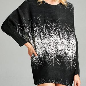 Black Ribbed Abstract Printed Long Sleeved Top