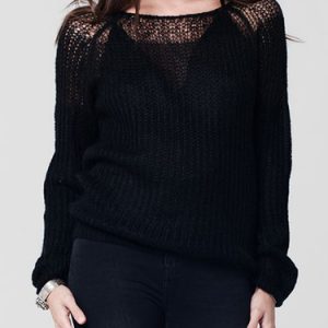 Black Ribbed Open Stitch Shoulder Long Sleeved Top