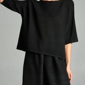 Black Ribbed Plain Crew Neck 3/4 Sleeve Top