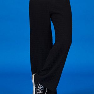 Black Ribbed Polyester Work Wide Leg Pant