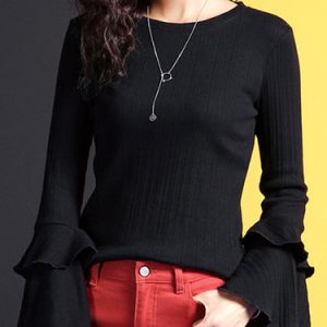 Black Ruffled Bell Sleeve Crew Neck Simple Long Sleeved Top