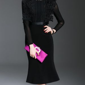 Black Ruffled Lace Elegant Mermaid Midi Dress