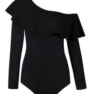 Black Ruffled One Shoulder Long Sleeve Bodysuit