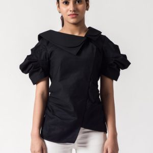 Black Satin Solid Short Sleeve Shirred Blouse