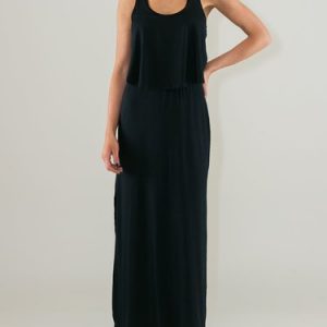 Black Scoop Neckline Croched Back Slit Maxi Dress