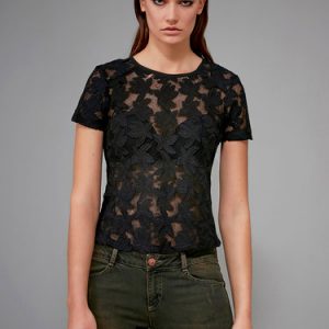 Black See-through Look Sexy Floral Short Sleeved Top