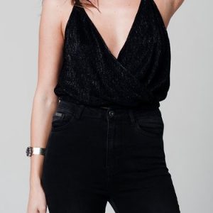 Black Sexy Wrap Neck Elastic Hem Crop Cami