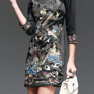 Black Shift Embroidery Vintage Floral Mini Dress