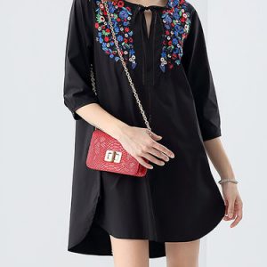 Black Shift Floral-embroidered 3/4 Sleeve Casual Tunic