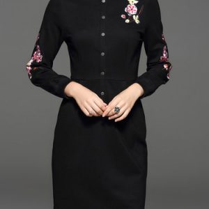 Black Shift Floral-embroidered Crew Neck Vintage Mini Dress