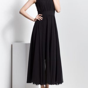 Black Shirred Sleeveless Swing Crew Neck Maxi Dress