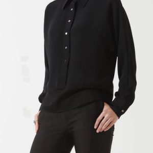 Black Shirt Collar Buttoned Silk Long Sleeve Blouse