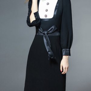 Black Shirt Collar H-line Color-block Long Sleeve Midi Dress