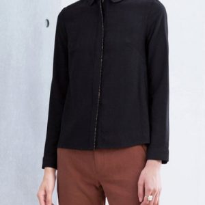 Black Shirt Collar Long Sleeve Nylon Blouse