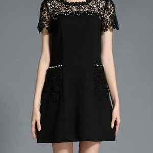 Black Short Sleeve A-line Paneled Mini Dress