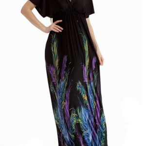 Black Short Sleeve A-line Plunging Neck Maxi Dress